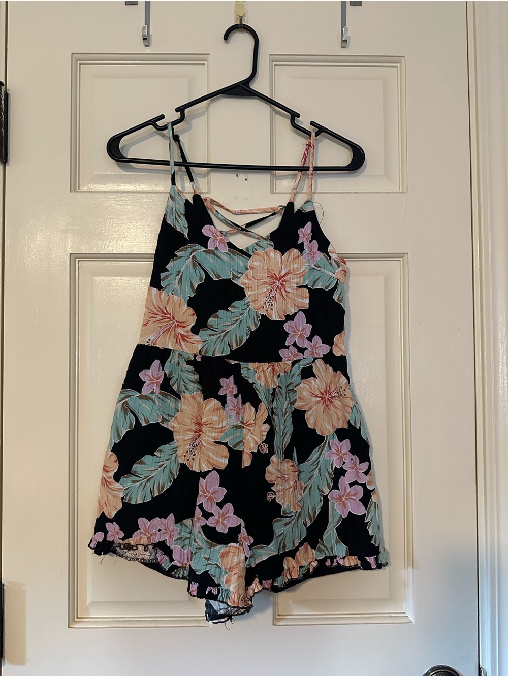 Forever 21 Black Floral Spaghetti-Strap Romper with Peach and Pink Hibiscus